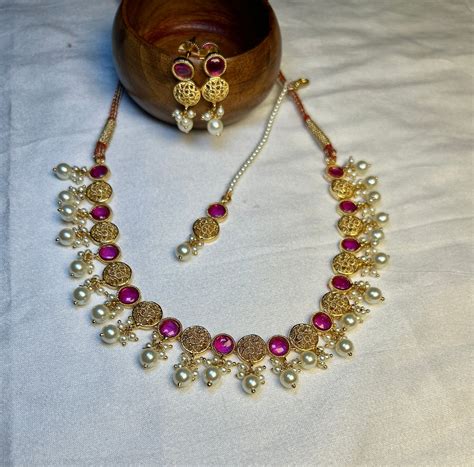 Elegant Ruby & Pearl Necklace Set – Chandrakalm