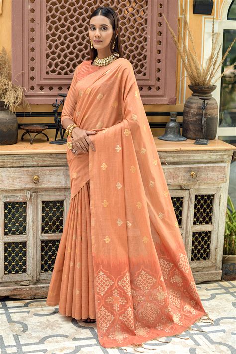 Buy Thulian Peach Linen Saree online-Karagiri