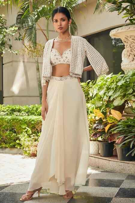 Buy Off White Georgette Mirrors, Embroidery Sweetheart Neck Cape Skirt ...