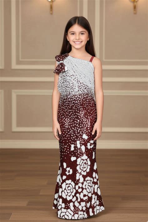 Ombré Maroon One-Shoulder Sequin Embellished Mermaid Gown For Girls ...