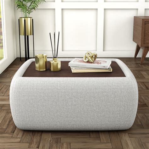 Rectangular Beige Upholstered Coffee Table with Storage - Clio ...