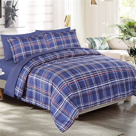 EMME 7-Pieces Blue Plaid Comforter Bedding Sets, Queen - Walmart.com