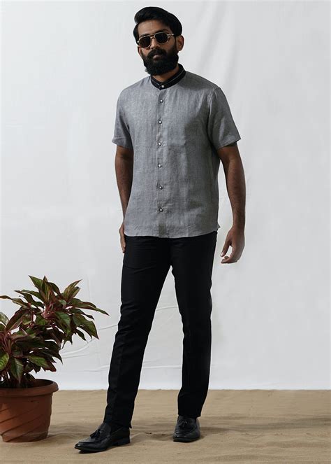 Get Contrast Mandarin Collar Detail Grey Linen Shirt at ₹ 3375 | LBB Shop