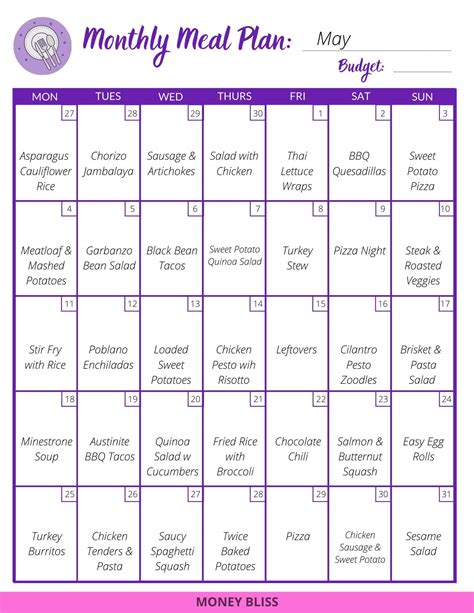 Meal planner sheet printable month - questeuropean
