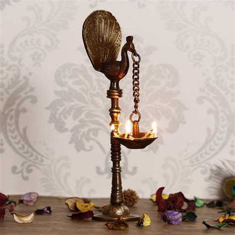 Decorative Handcrafted Brass Peacock Showpiece Diya for 5 wicks with ...