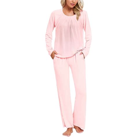 Elvqul Pajamas for Women pleated Pink Pajamas Set Long Sleeve Cozy ...