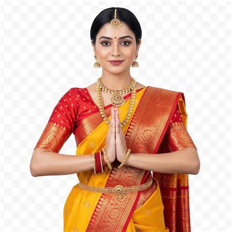 Indian woman in traditional saree with folded hands namaste gesture ...