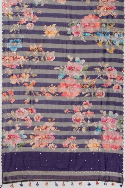 Organza Lines And Printed Violet Saree With Scallop
