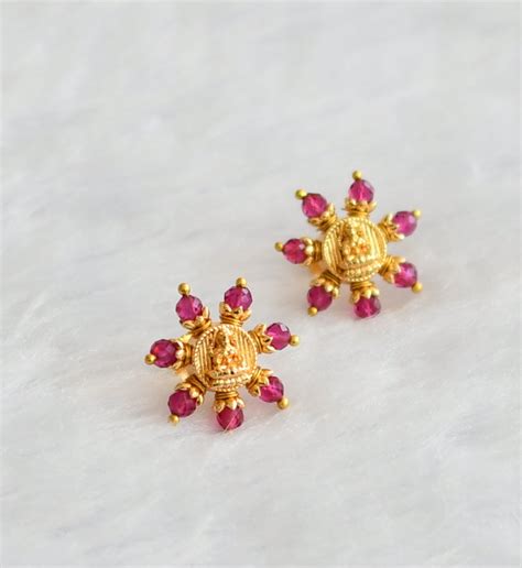 Gold tone pink bead lakshmi round stud/earrings dj-46345 – dreamjwell