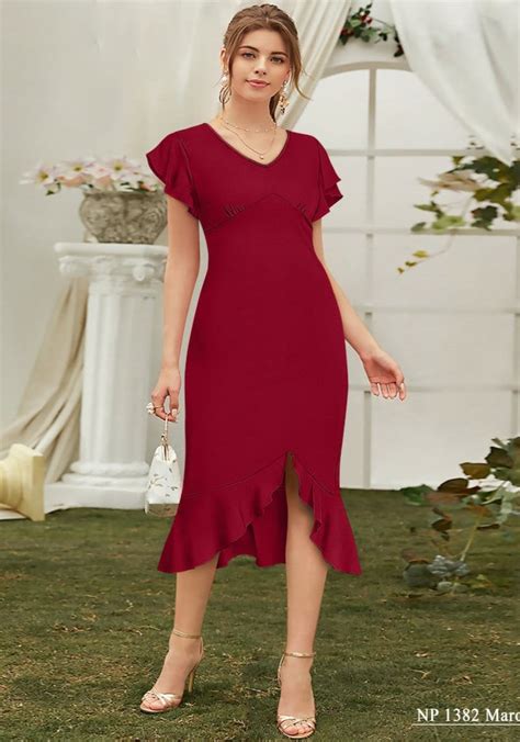 Maroon V Neck Western Designer Dress | Elegant One-Piece for Women ...