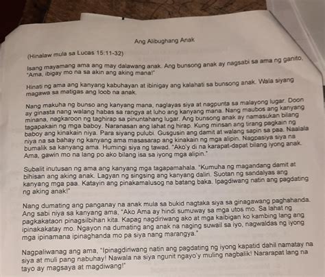 Bigyang-pansin ang mga ipinakitang asal ng mga tauhan sa parabula ...