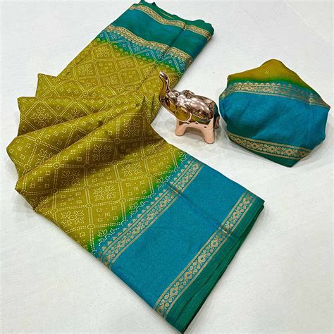 Silk Blend Saree in Mustard with Abstract Print and Intricate Woven Bo