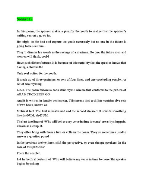 Sonnet 17 Shakespeare - Sonnet 17 In this poem, the speaker makes a ...
