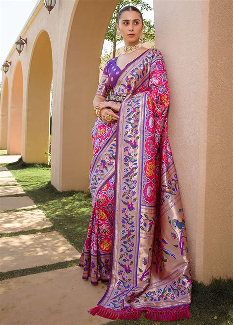 Raspberry Pink Woven Paithani Silk Saree – Zari Banaras