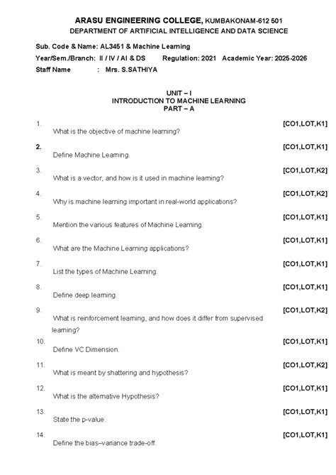 ML Final Exam QB - AL3451 Machine Learning II Question Bank - Studocu