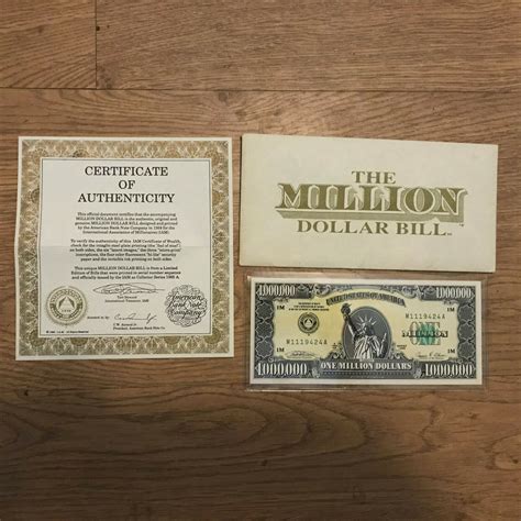The Traditional One Million Dollar Bill. with certificate of ...