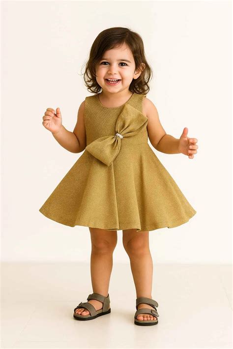 Gold Shimmer Party Dress With Oversized Bow For Girls – Lagorii Kids