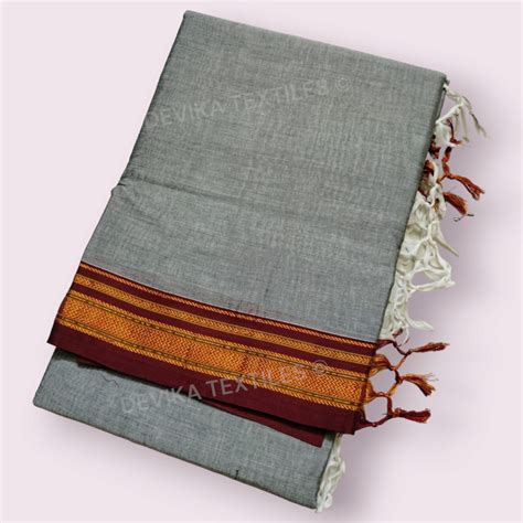 Grey ilkal paras border pure mercerised cotton saree with running blou ...