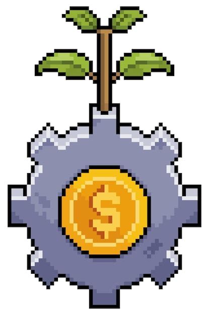 Engrenage pixel art avec icône vectorielle pièce et plante pour jeu 8 ...