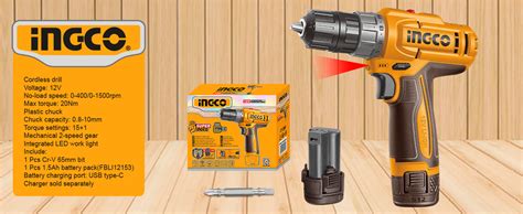 INGCO 12V Cordless Drill Machine, 2 Speed Adjustment 400/1500RPM ...