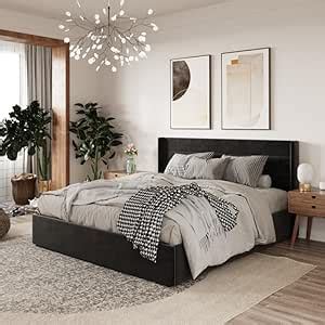 HITHOS Furniture Modern Upholstered King Size Platform Bed with Box ...