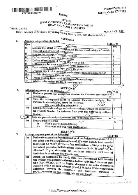 KME501 BTech Sem V Heat & Mass Transfer Exam Notes - Jan 2024 - Studocu