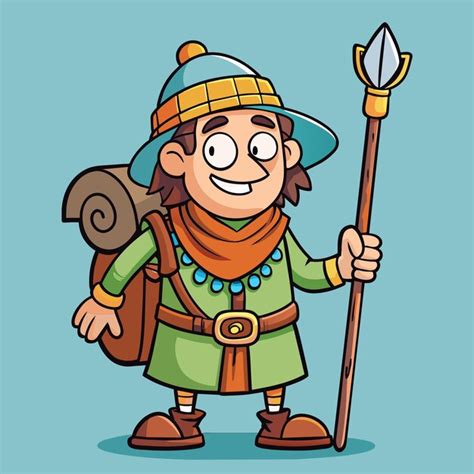 A cartoon character with a large backpack and a large arrow pointing to ...