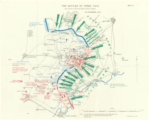 Battle of Ypres 1914. 3rd November, 1914. First World War. 1933 old map