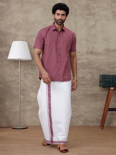 Men Wine Berry Shirt With Matching Border Dhoti Set Trendy