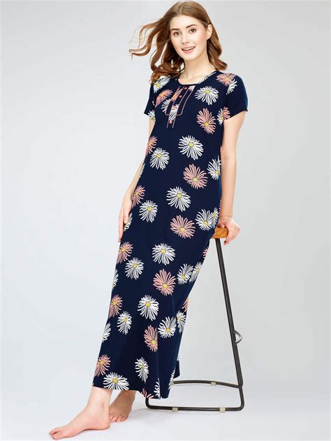 ZEYO Women's Cotton Floral Printed Navy Blue Maxi Long Nighty For Wome