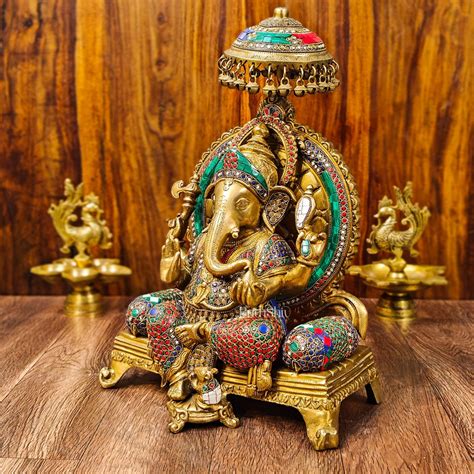 Buy King Ganesha Brass statue with stonework 18 inches - Budhshiv.com