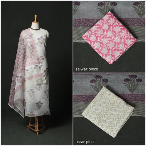 White Sanganeri Hand Block Print Kota Doria Cotton 3pc Unstitched Dress ...