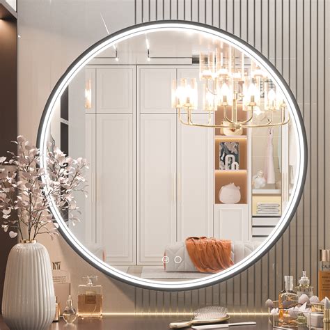 Ivy Bronx Akhiya Black Metal Frame LED Round Vanity Mirror with Lights ...