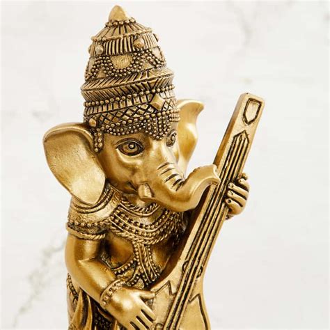 Tranquil Ganesha with Sitar Figurine | Gold | Polyresin