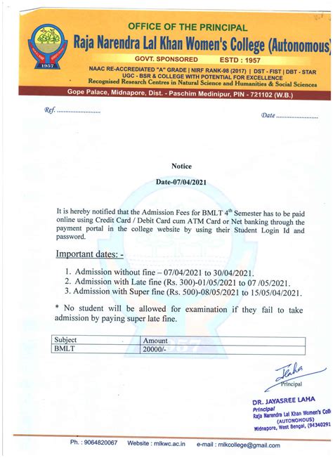 News : Admission notice for BMLT 4th Semester.