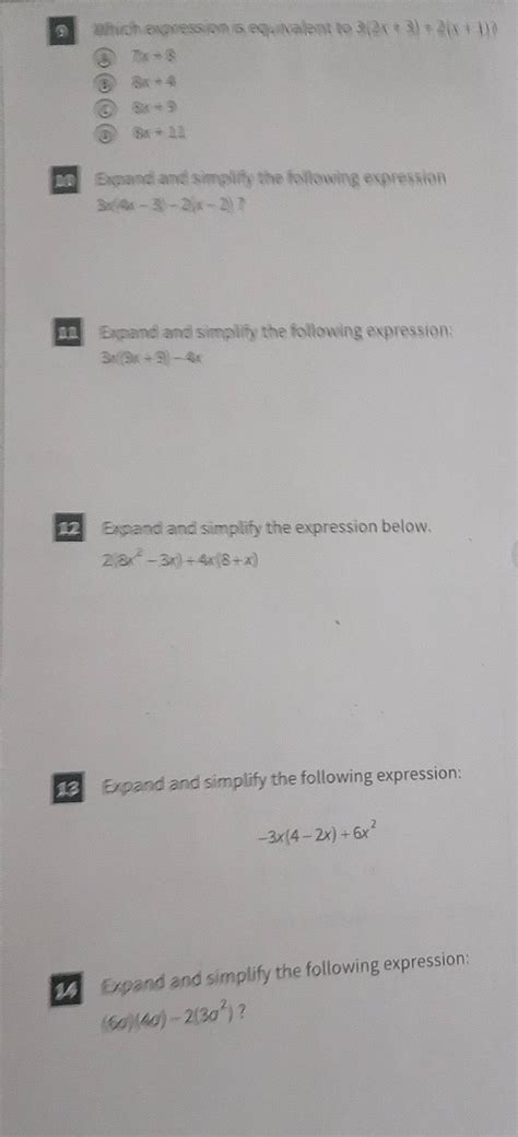 Solved: Whích expression is equivalent to 3(2x+3)+2(x+1)? 7x+8 8x+4 8x+9 8x+11 10 Expand and ...