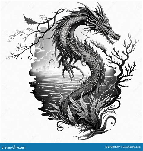 Sea Dragon Tattoo Black and White 2 Stock Image - Image of creature ...