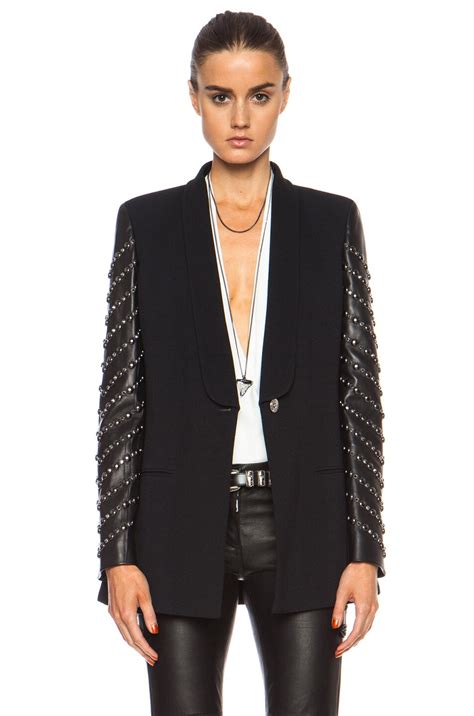 VERSACE One Button Blazer with Embellished Leather Sleeves in Black | FWRD