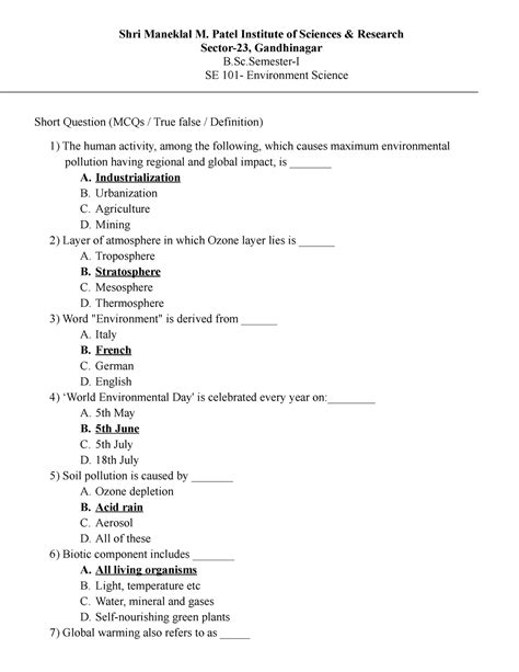 Question Bank ES - Environmental Science - Studocu