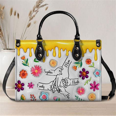 2D FLAT Personalized Mom and Kids Hands Pu Leather Handbag, Mother's ...