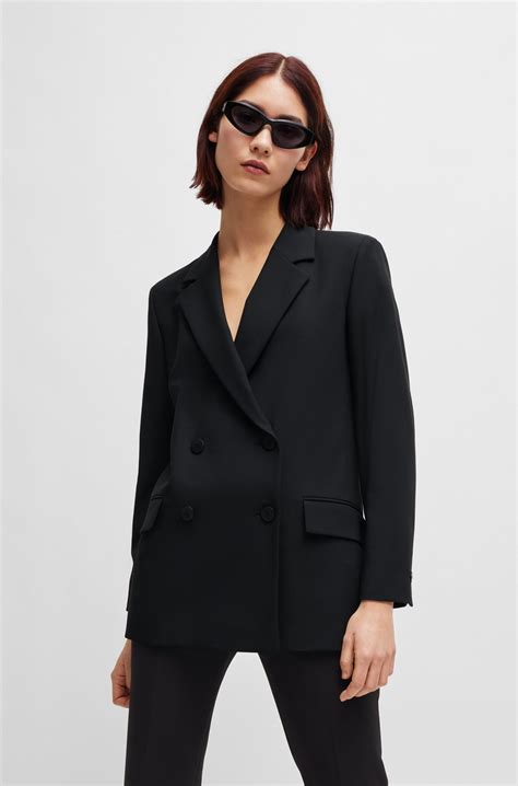 HUGO - Double-breasted relaxed-fit jacket in stretch fabric - Black