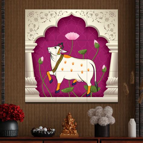 Sacred Cow Pichwai Art Pink Luxury Wall Decor Wooden Tiles Set | ELOK ...