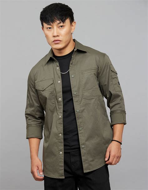 Dark Military Green Full Sleeves Cargo Shirt – ROOKIES