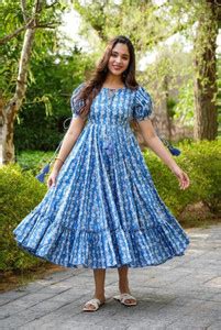 HANDSOME KING Women Gathered Blue Midi/Calf Length Dress - Buy HANDSOME ...