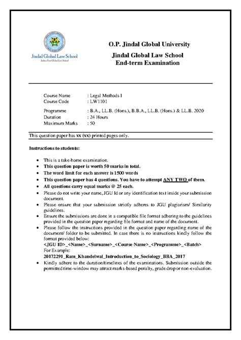 Legal Methods for ballb,bballb,bcomllb- Question Paper - O. Jindal ...