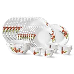 Larah by Borosil Red Iris Fluted Series Opalware Dinner Set | 36 Pieces ...