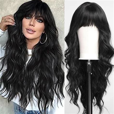 Black Wig with Bangs for Women Long Wavy Hair Wig Black Wig Curly Wavy ...