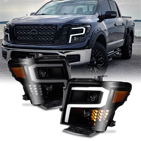 AKKON - Fits 2016-2024 Nissan Titan Projector Headlights w/ Tube LED Signal- Black Smoke Pair ...