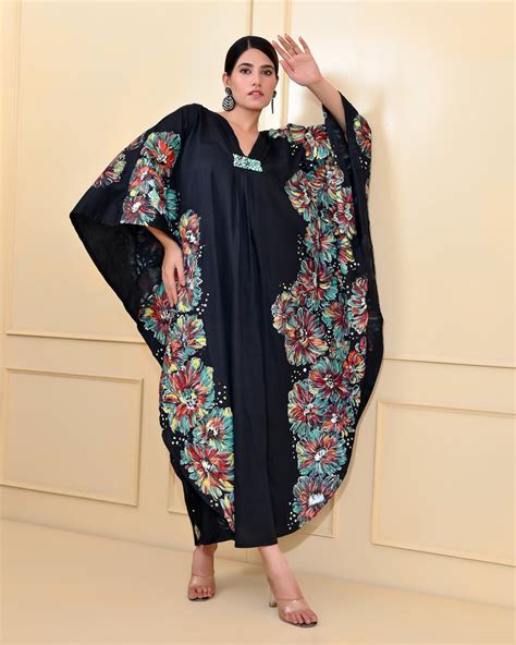 Black Floral Handpainted Designer Luxury Kaftan – thesaffronsaga