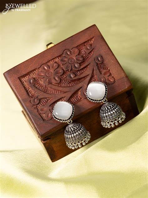 Oxidised jhumka with grey stone and hangings – Prashanti Sarees